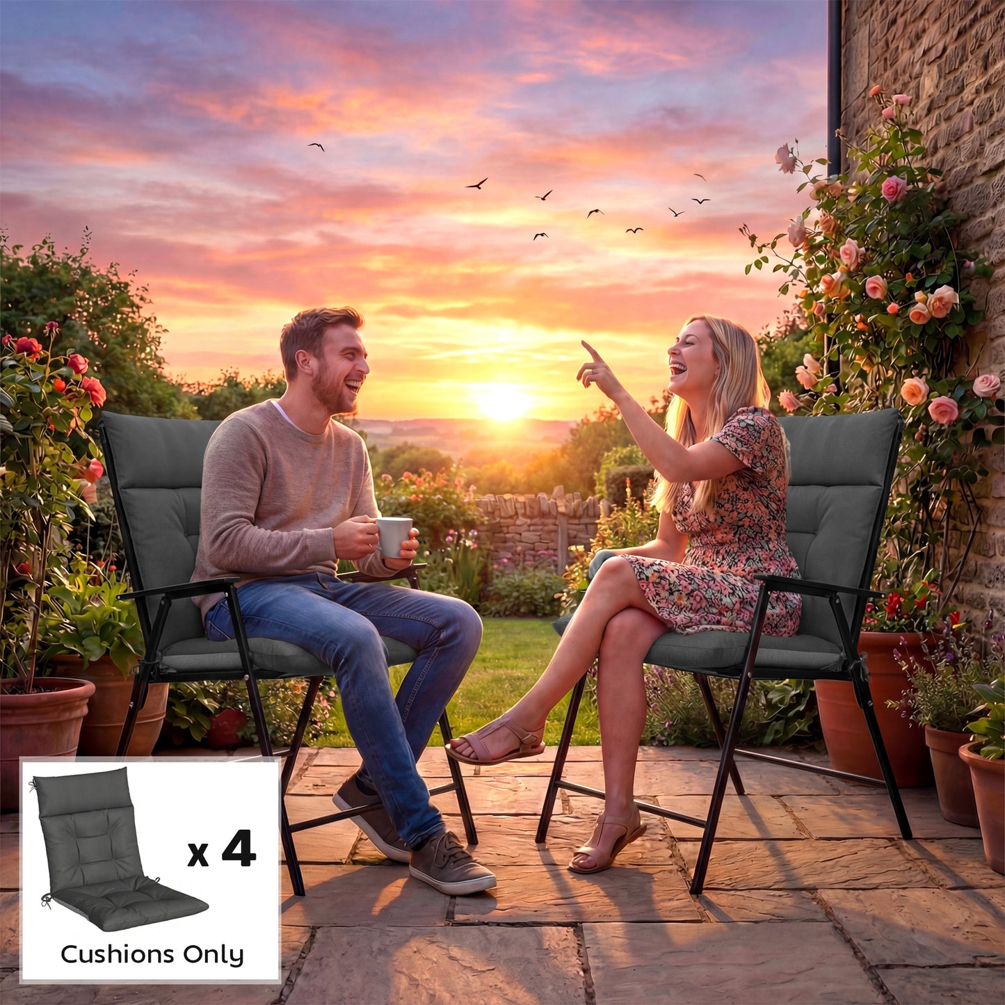 Patio Chair Cushions Set of 4, Waterproof Non-Slip Lounge Chair Cushions, 112x53cm, Dark Grey