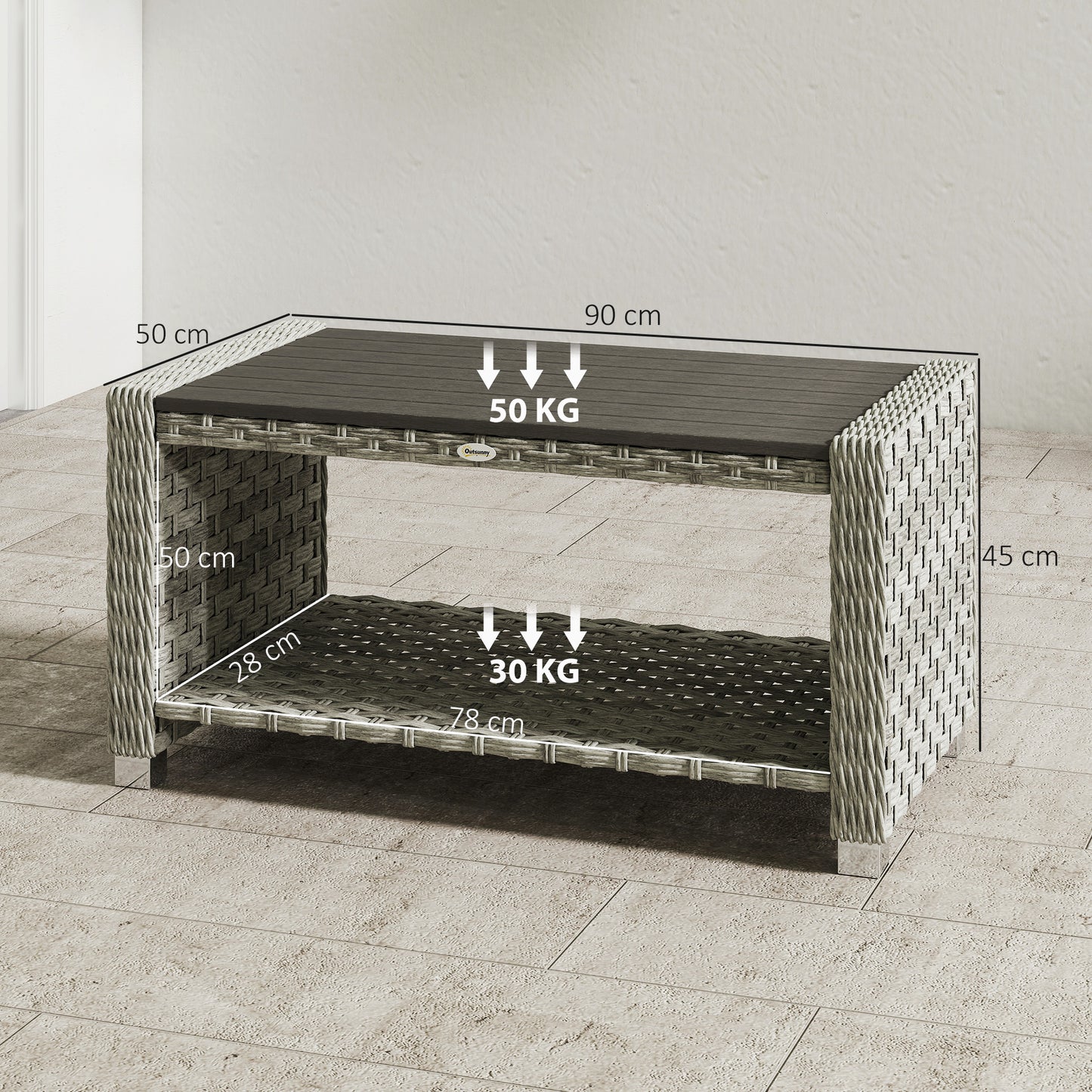 Outdoor Coffee Table with Storage Shelf, PE Rattan Side Table with Slatted Top and Foot Pads, Grey