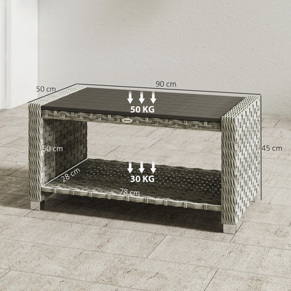 Outdoor Coffee Table with Storage Shelf, PE Rattan Side Table with Slatted Top and Foot Pads, Grey