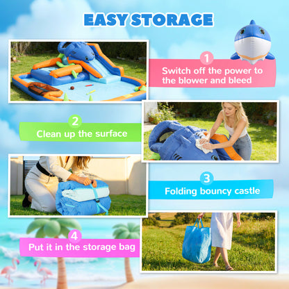 Inflatable Bouncy Castle for Kids, Sharks Theme Jumping Bounce House with Slide, Climbing Wall for Indoor Outdoor