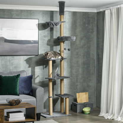 230-250cm Floor-to-Ceiling Climbing Cat Tree Tower - Grey