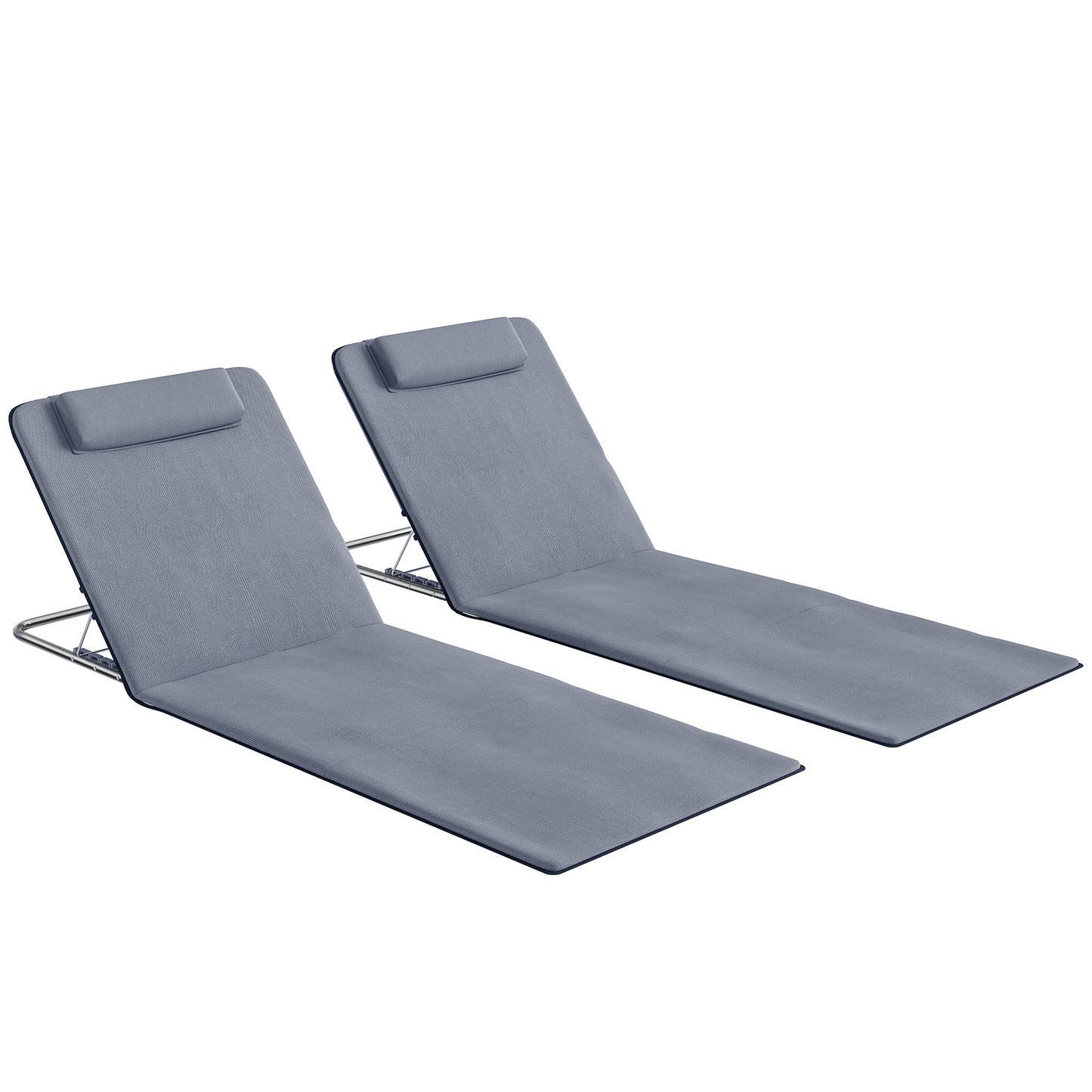 Set of 2 Foldable Garden Beach Chair Mat Lightweight Outdoor Sun Lounger Seats Adjustable Back Metal Frame PE Fabric Head Pil