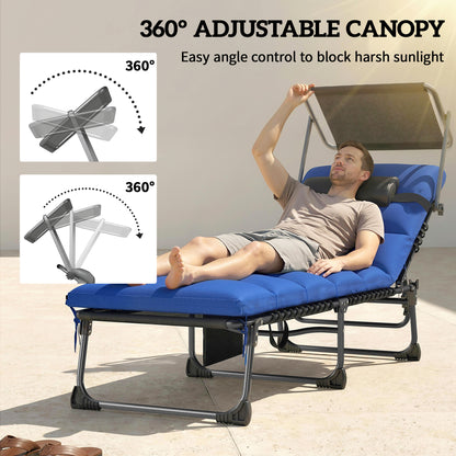Folding Sun Loungers Set of 2 with Canopy, Reclining Sunbed with Cushion, Side Pocket, Carrying Handle, Dark Blue