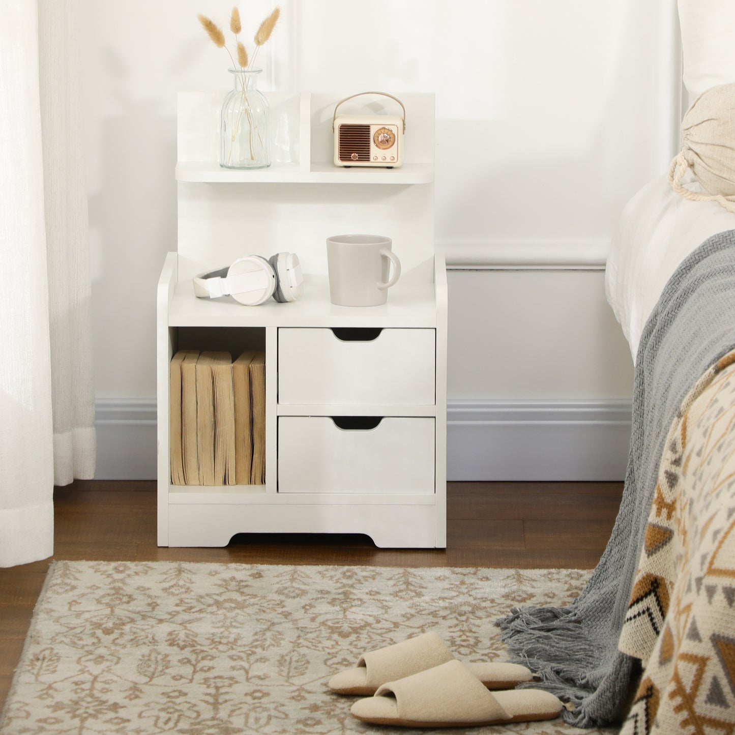 Bedside Table, Small Bedside Cabinet with 2 Drawers and Storage Shelves, Modern Nightstand for Bedroom, White
