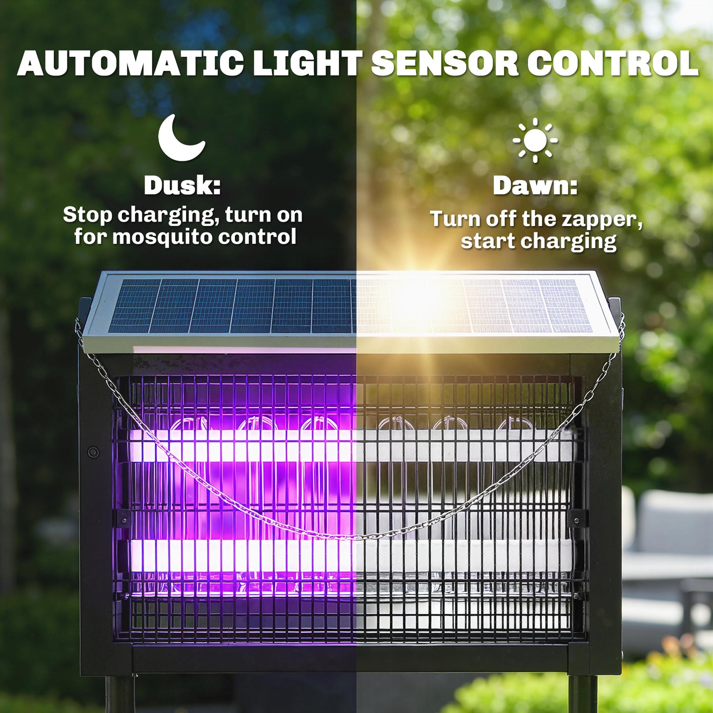 Solar Bug Zapper Outdoor, 3500 V Electric Mosquito Fly Zapper with 4.3 m Cord, Dusk-to-Dawn Control, Black