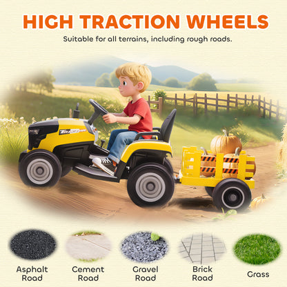 12V Ride on Tractor and Trailer with Remote Control, Music, Shifter, Start-Up Sound, for Kids Ages 3-8 Years, Yellow