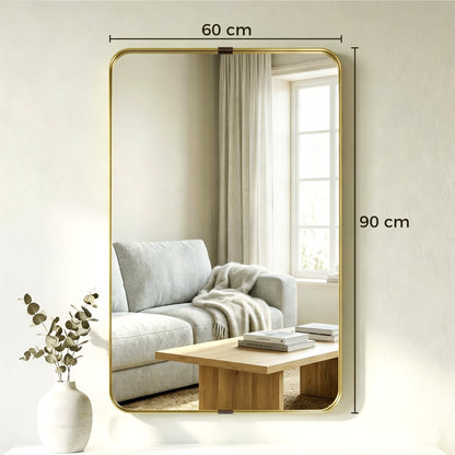 Rectangular Wall Mirror, 90 x 60 cm Wall Mounted Bathroom Mirror w/ Aluminium Alloy Frame and Tempered Glass, Gold Tone