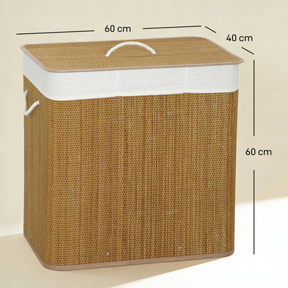 3 Section Laundry Basket with Lid, 144L Bamboo Laundry Hamper with Handles, Removable and Washable Liner, Brown