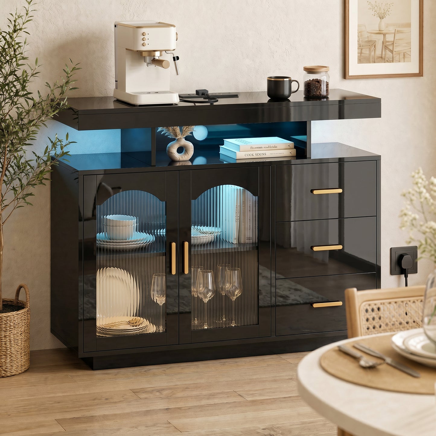 High Gloss Sideboard with LED Lights, Built-in Power Outlets, 3 Drawers, Shelves and 2 Acrylic Doors, Black