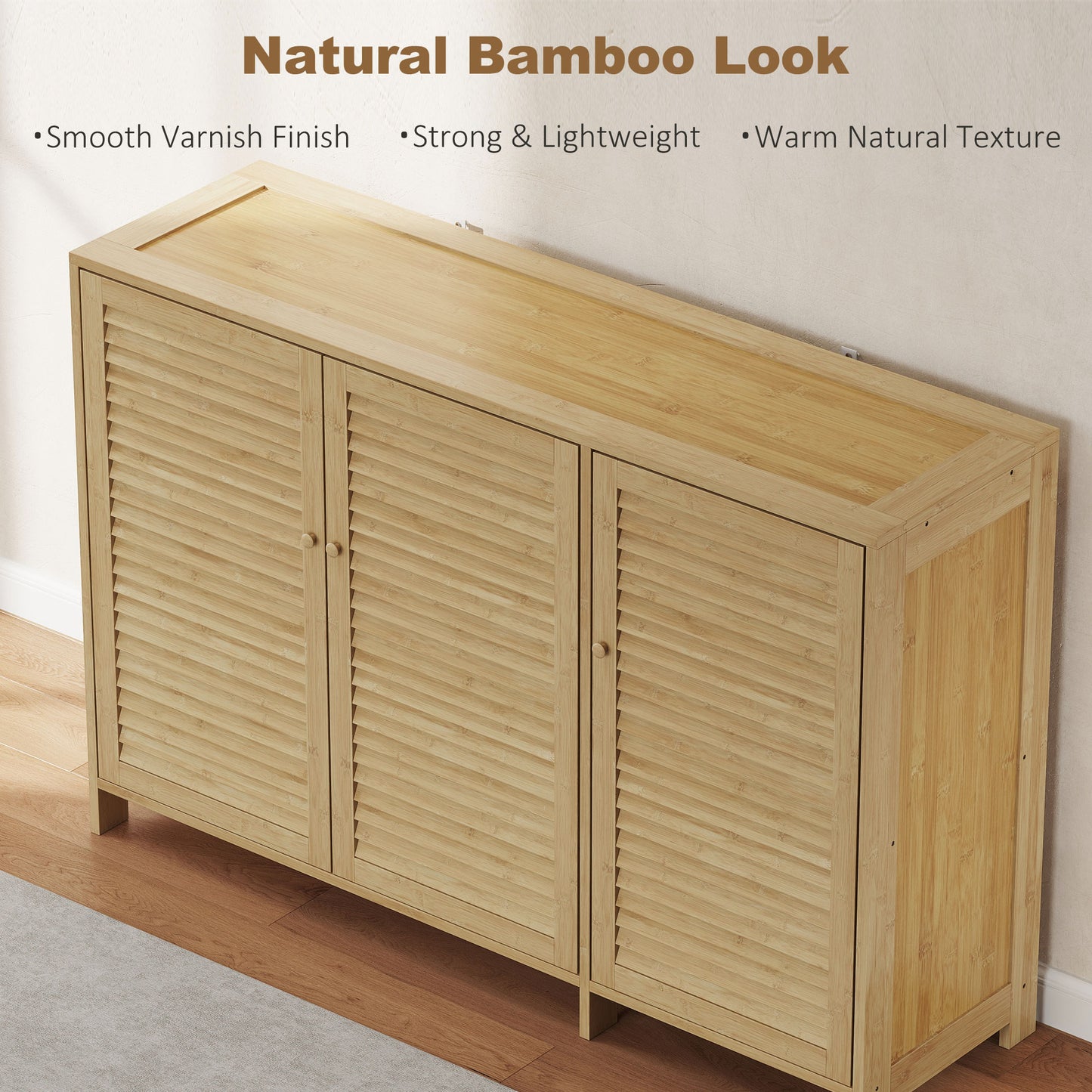 Bamboo Shoe Cabinet with Louvered Doors, 18 Pairs Shoe Storage Cabinet with Adjustable Shelves for Hallway, Natural