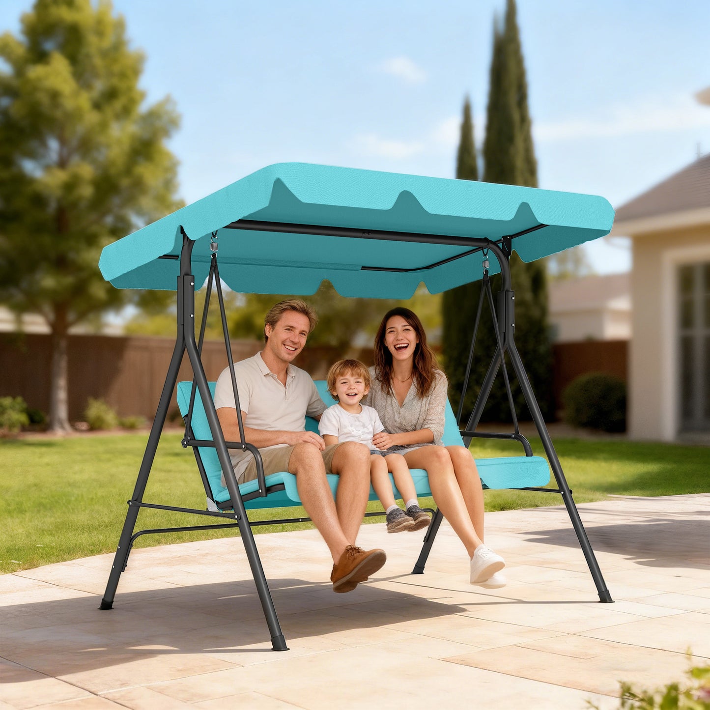 Three-Seater Garden Swing Chair, with Adjustable Canopy - Teal