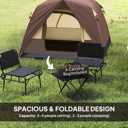 3-4 Person Camping Tent, Easy Set Up 3-4 Man Tent w/ Sewn-in Groundsheet, Waterproof Dome Tent w/ Mesh Windows, Brown