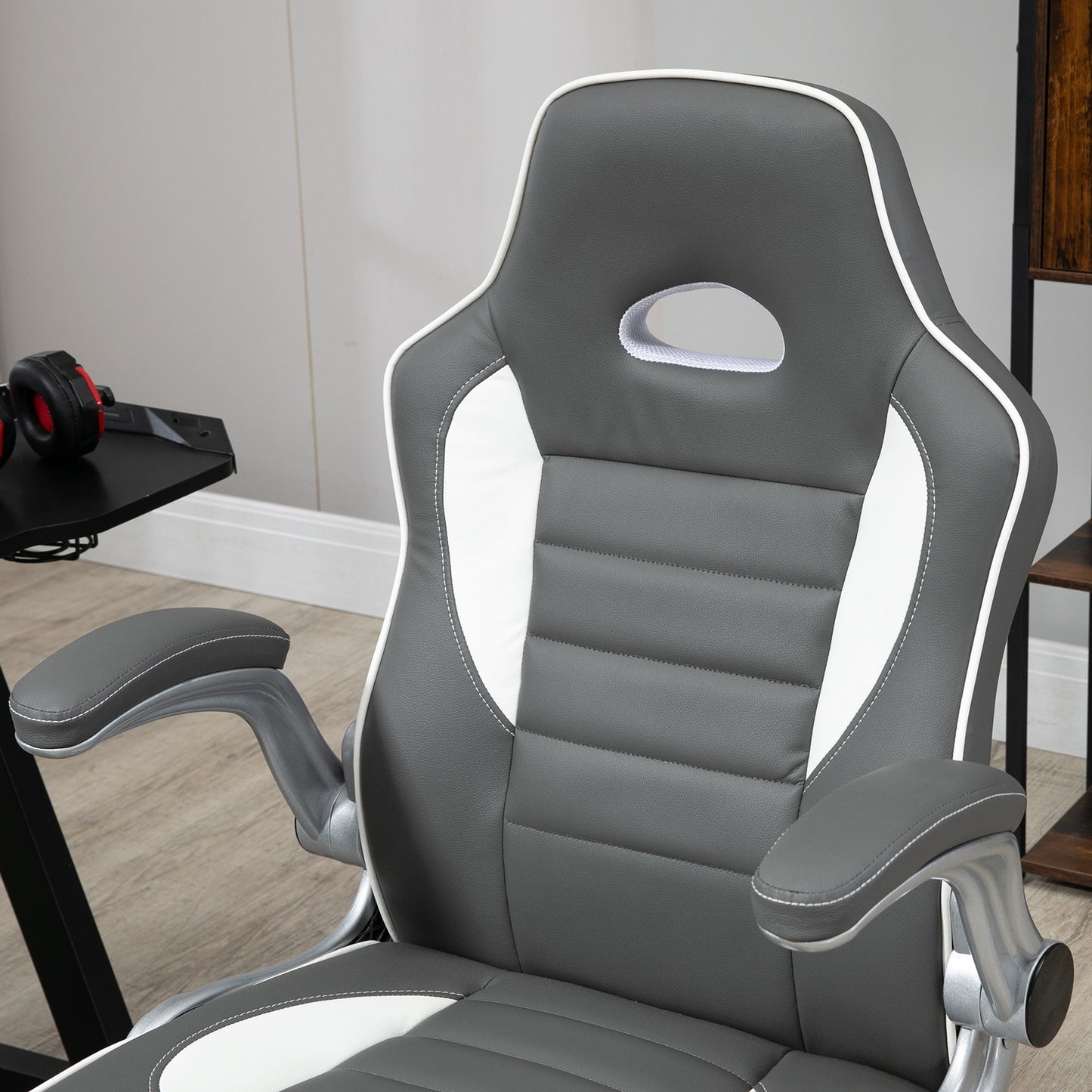 Computer Gaming Chair, Office Desk Swivel Chair, PU Leather Racing Chair with 90° Flip-up Armrest