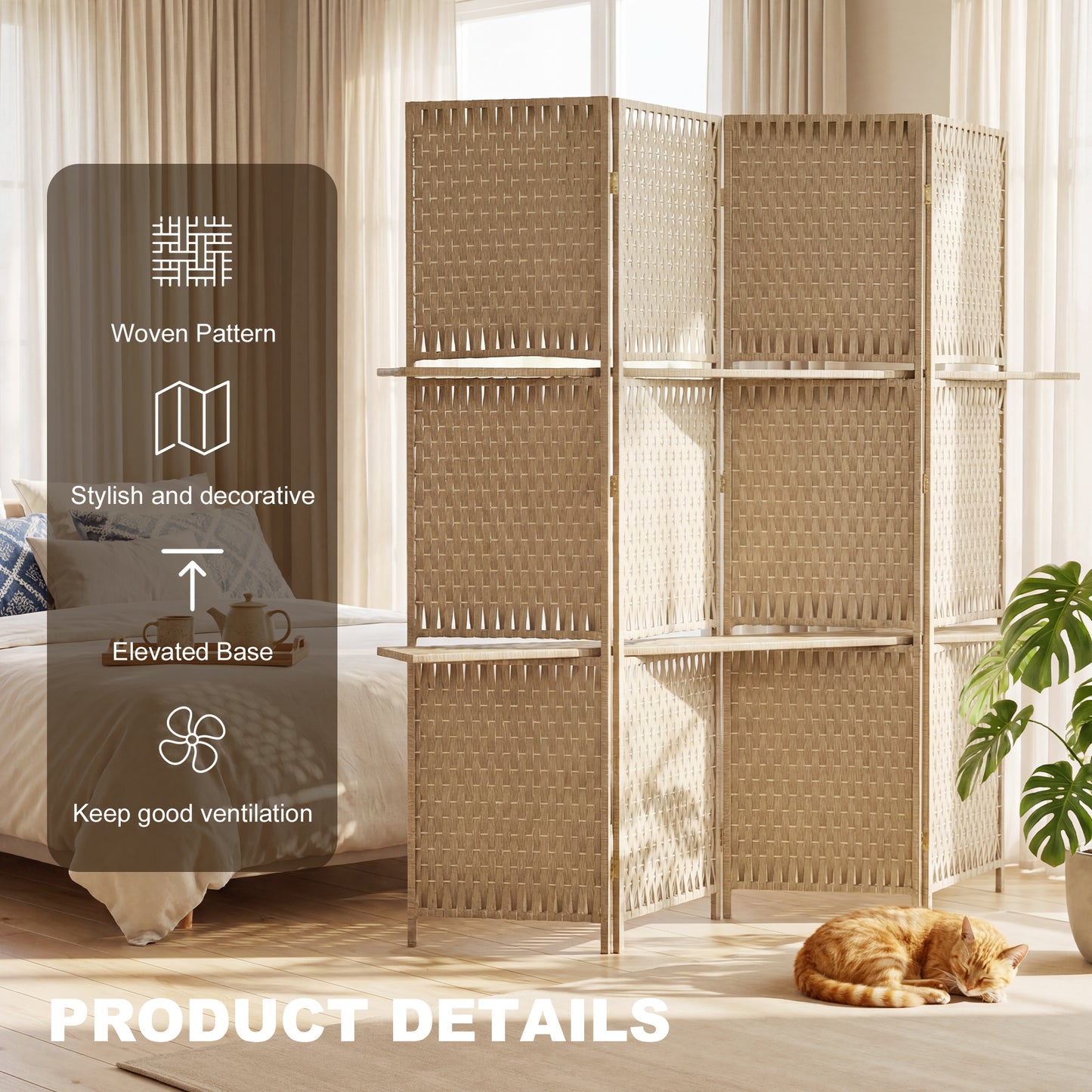 Wave Fibre Freestanding Folding Privacy Screen Panels, Room Divider, Natural Wood Finish