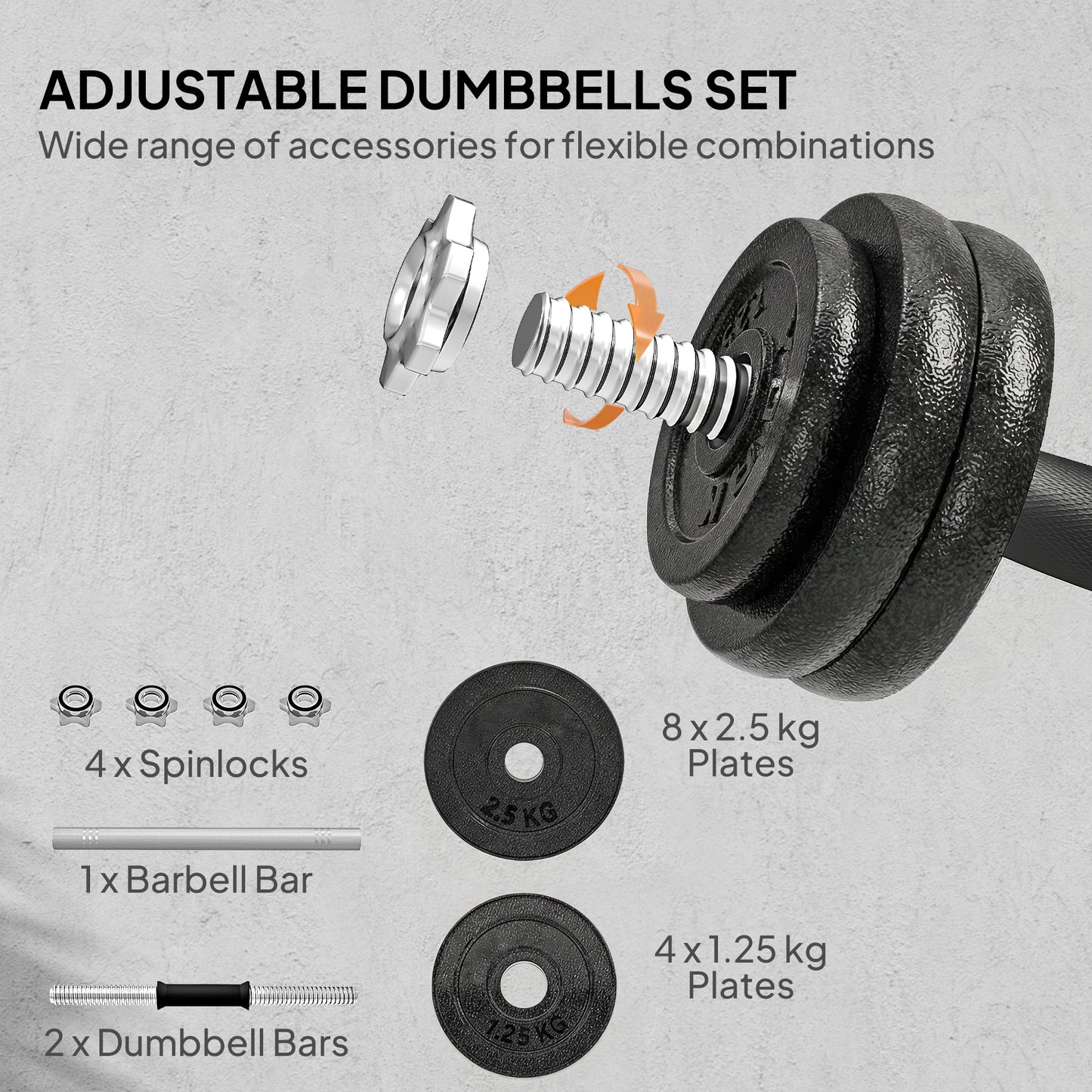 2-in-1 Adjustable Dumbbells Set, 30kg Cast Iron Weights Dumbbells Set with Non-Slip Grip for Strength Training