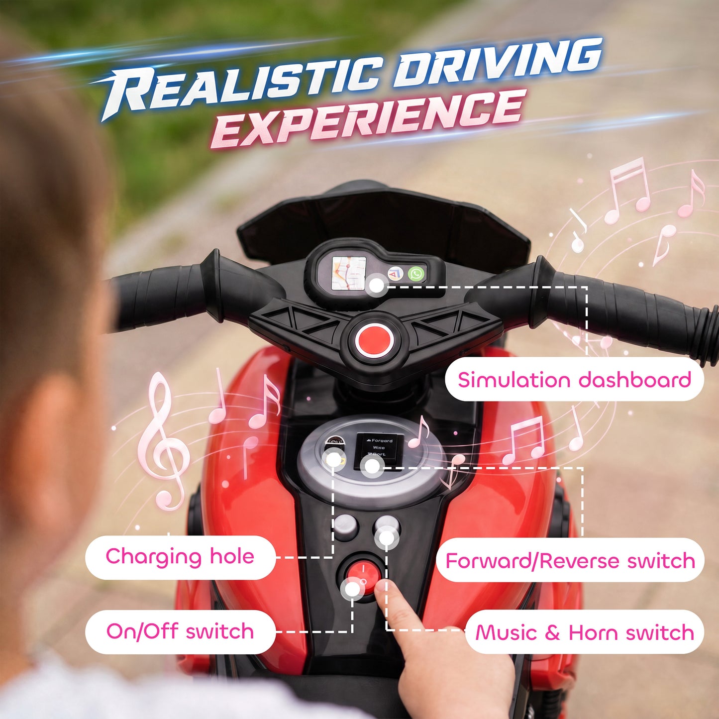 Kids Electric Motorcycle Ride-On Toy, 3-Wheel Battery-Operated Motorbike with Horn, Toddler Ride On Bike, Red