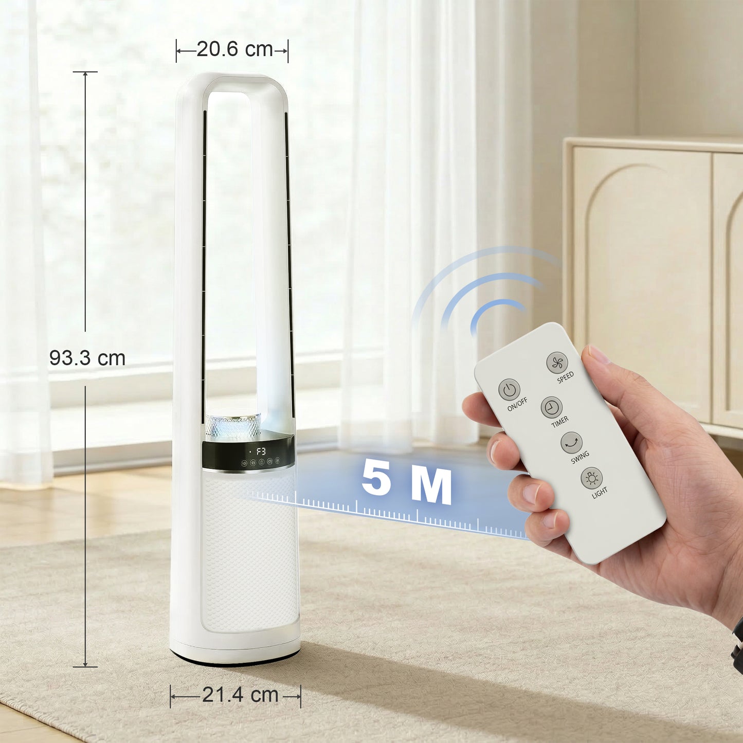 Bladeless Tower Fan, 36dB Standing Cooling Fan with Oscillating, LED Lights, 3 Speeds, 12H Timer, Remote Control