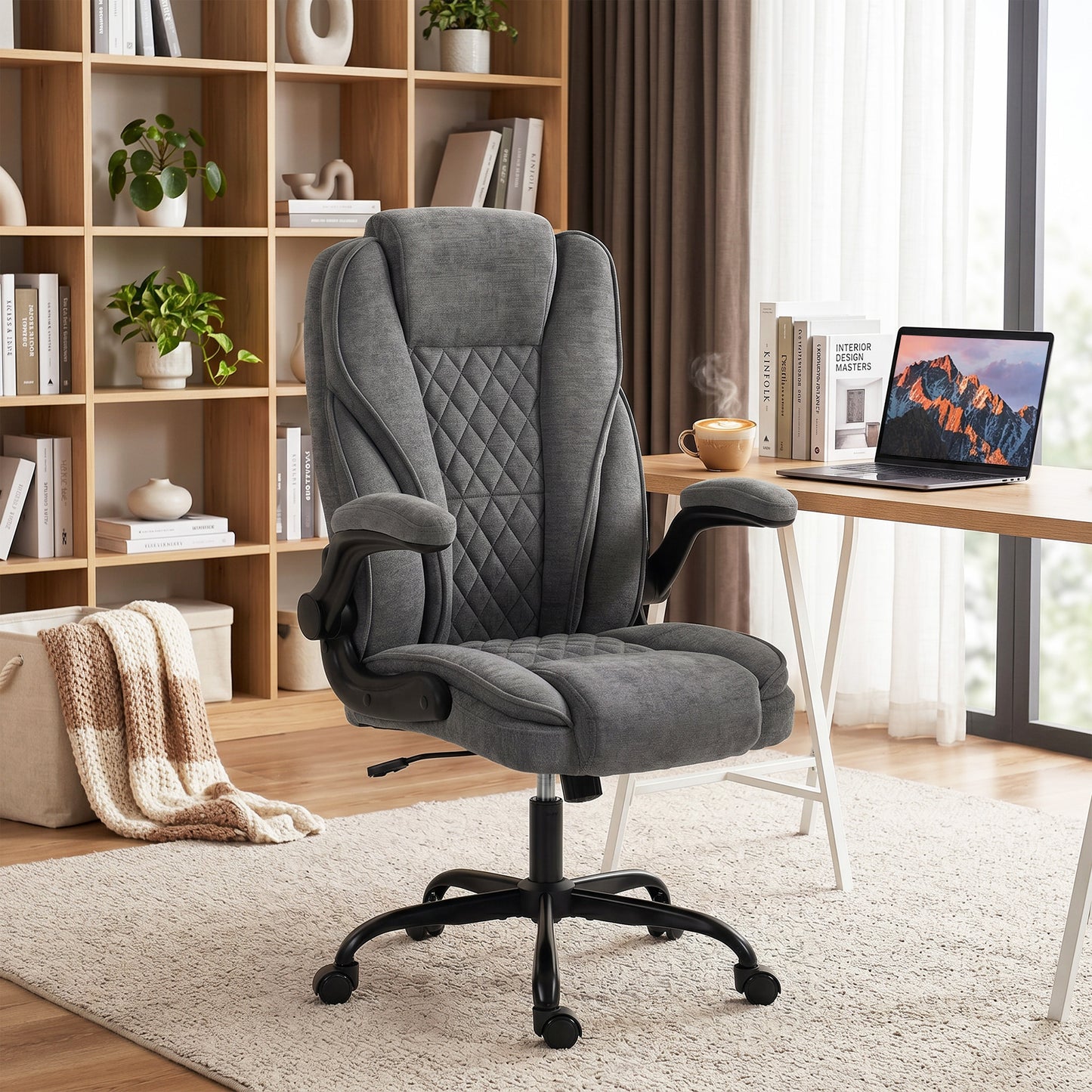 Office Chair, Ergonomic Desk Chair with Flip-up Armrest, Pocket Springs, Swivel Wheels, Adjustable Height, Grey