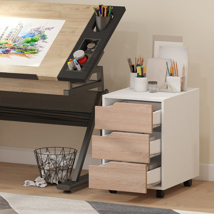 3 Drawer Mobile File Cabinet, Vertical Filing Cabinet with Wheels for Home Office, Oak