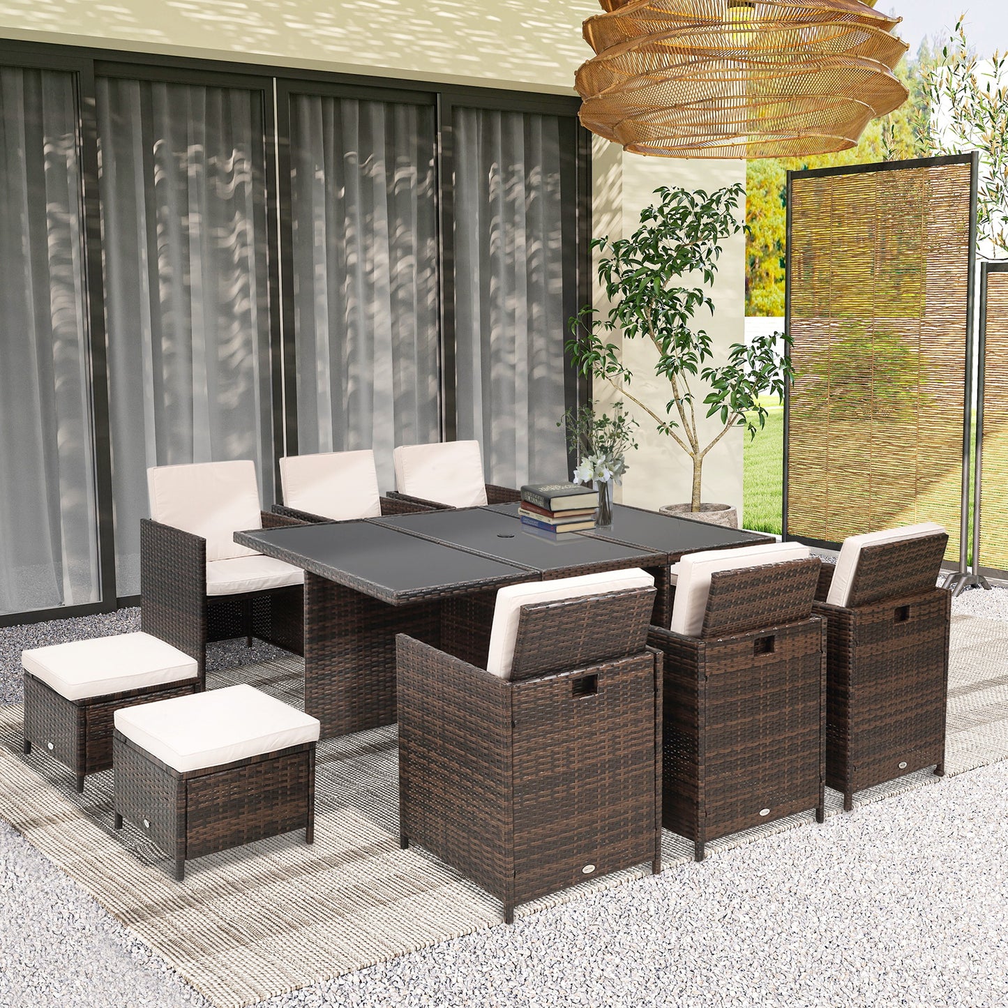 10 Seater Rattan Cube Garden Furniture Set with Parasol Hole, Rattan Dining Set with Cushions