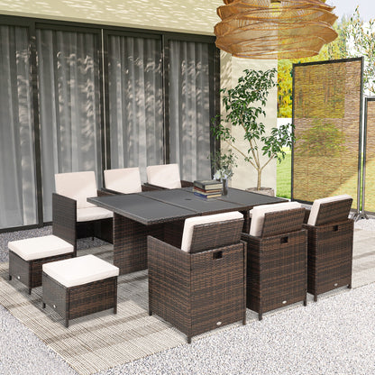 10 Seater Rattan Cube Garden Furniture Set with Parasol Hole, Rattan Dining Set with Cushions