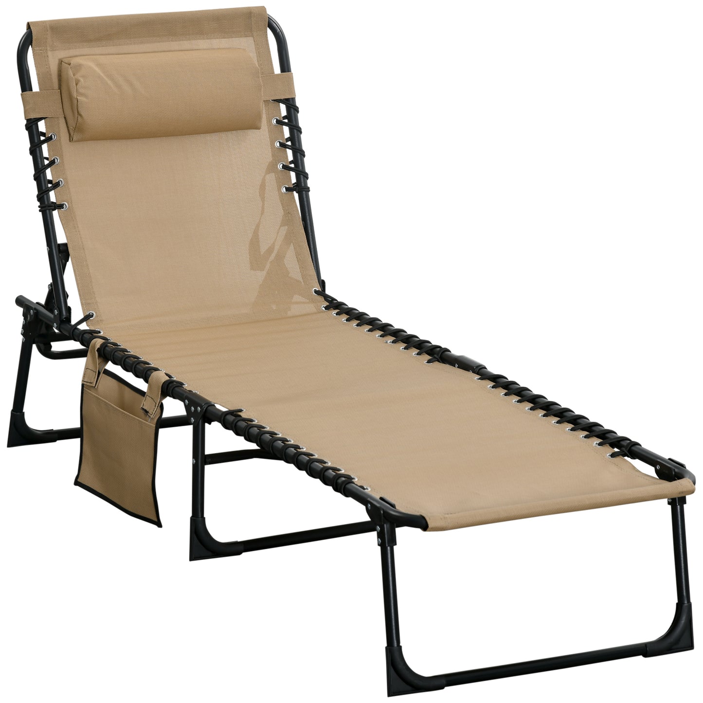 Portable Sun Lounger, Folding Camping Bed Cot, Reclining Lounge Chair 5-position Adjustable Backrest with Side Pocket
