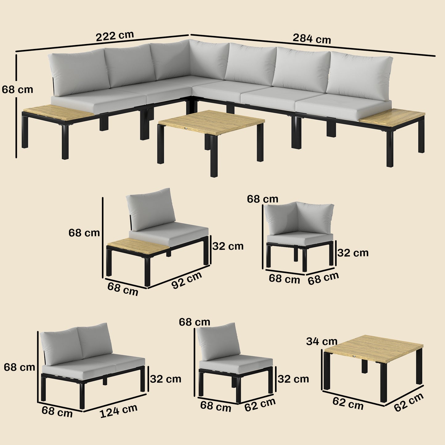 Garden Furniture Set, 6 Piece Corner Sofa Set with Loveseat, Coffee Table, Sofa with Integrated Side Table