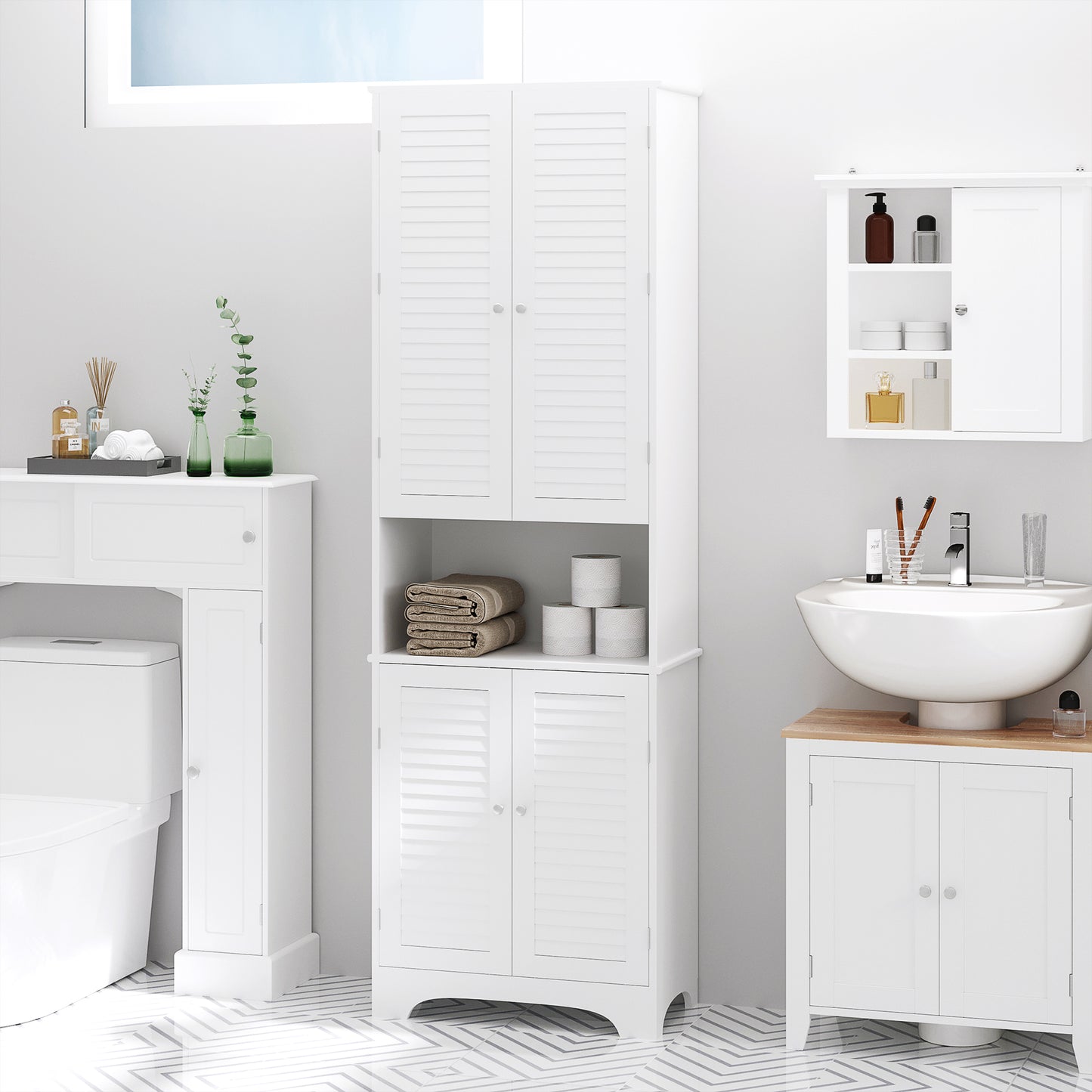 Tall Freestanding Bathroom Cabinet Retro Shutters w/ 3 Compartments Shelves Elevated Base Narrow Organiser White 60L x 30W x