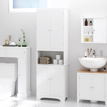 Tall Freestanding Bathroom Cabinet Retro Shutters w/ 3 Compartments Shelves Elevated Base Narrow Organiser White 60L x 30W x