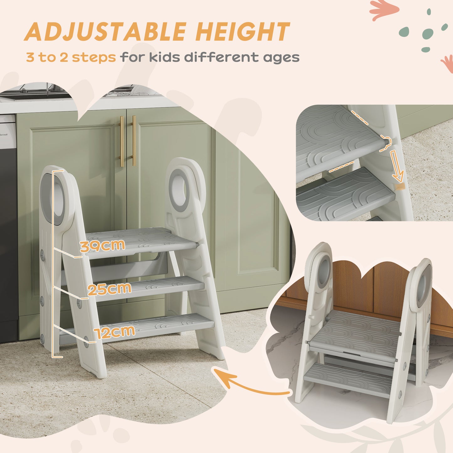 Foldable and Adjustable Kids Step Stool with Handle, Non-Slip, Grey
