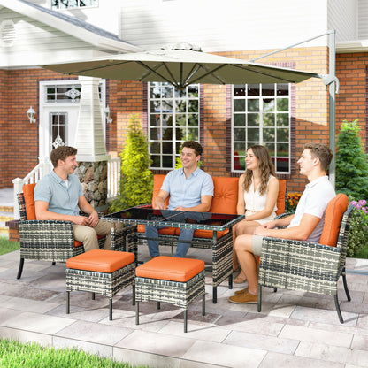 6 Pieces Rattan Garden Furniture Set with Dining Table and Cushions, Orange