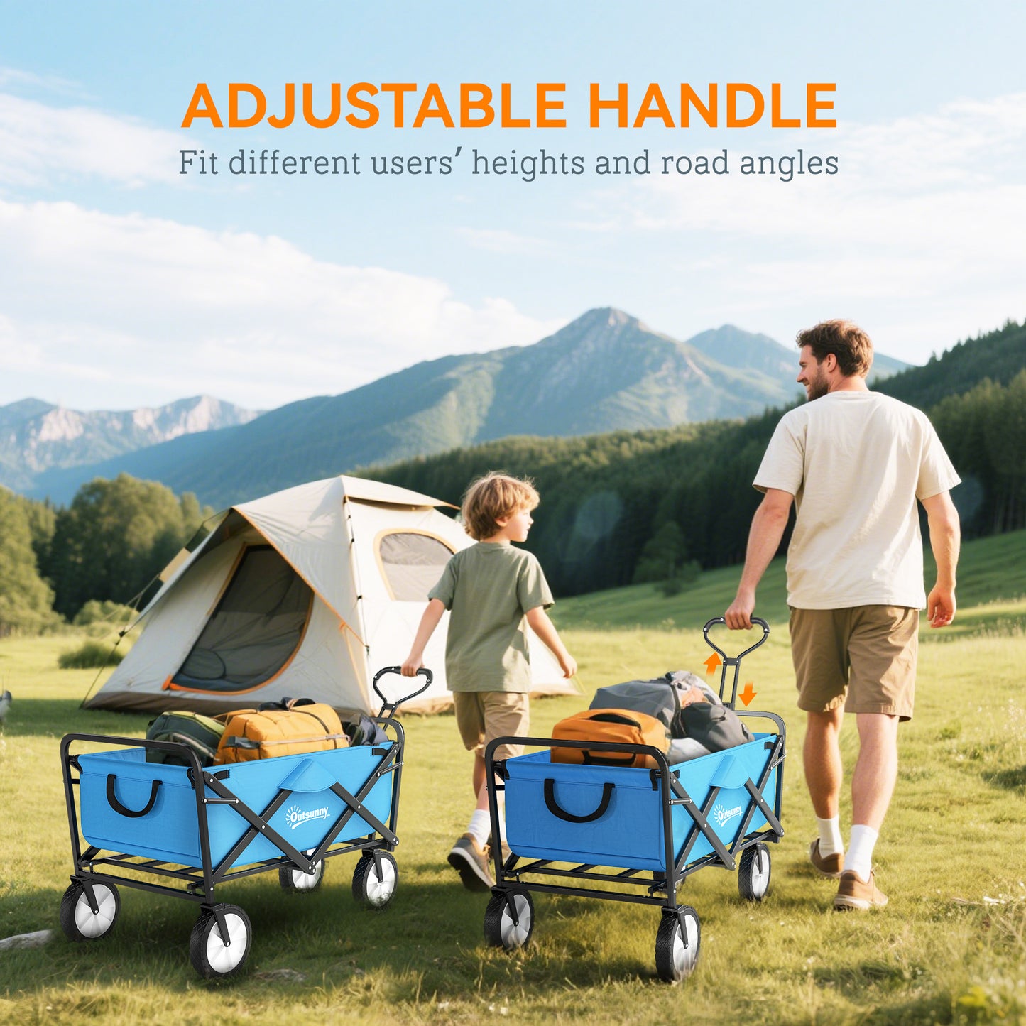 135L Festival Trolley on Wheels, Folding Wagon Camping Trolley Cart with Adjustable Handle, Dual Brakes
