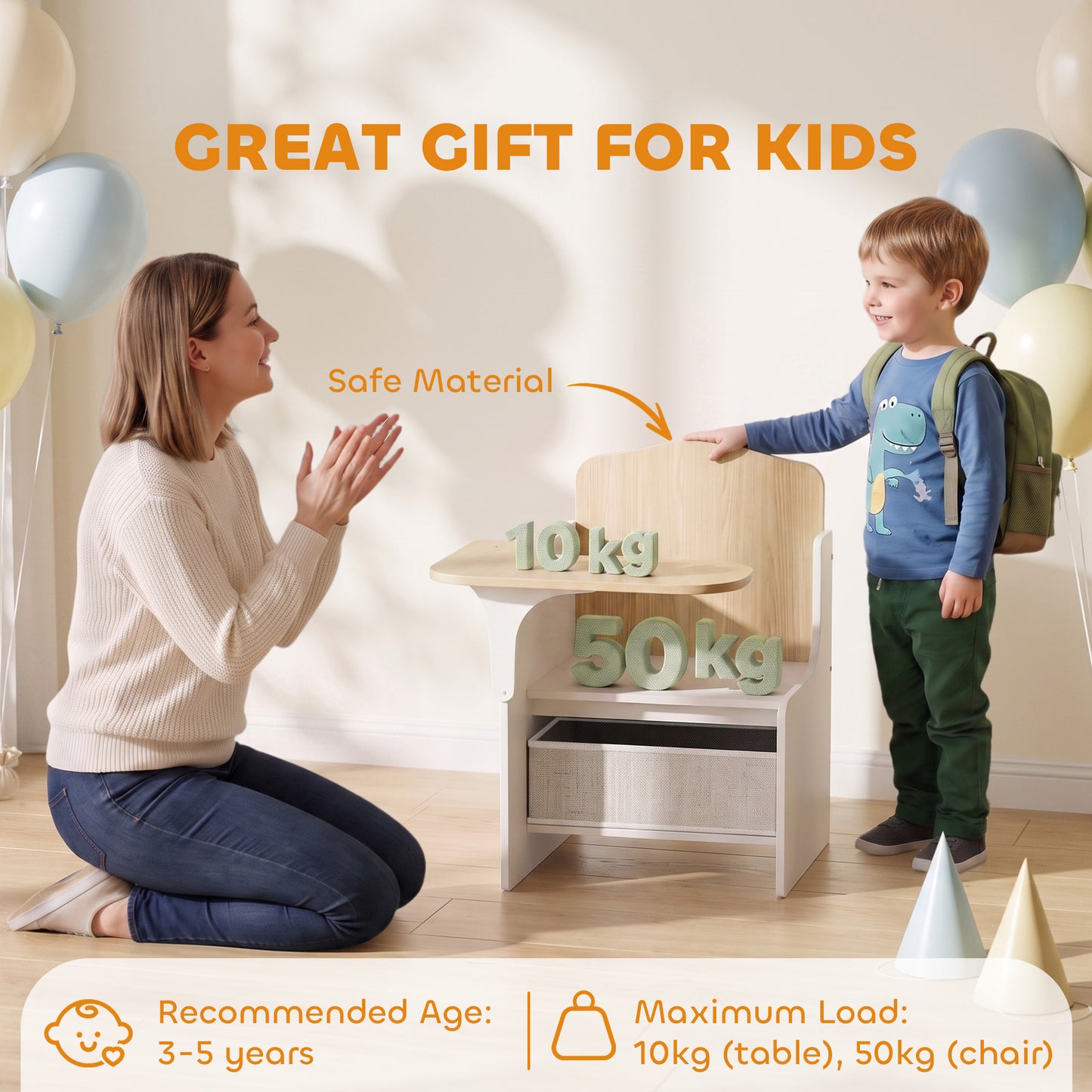 Kids Table and Chair Set, Children Desk and Chair with Storage Bins for Playing, Reading, Painting, for Ages 3-5, White