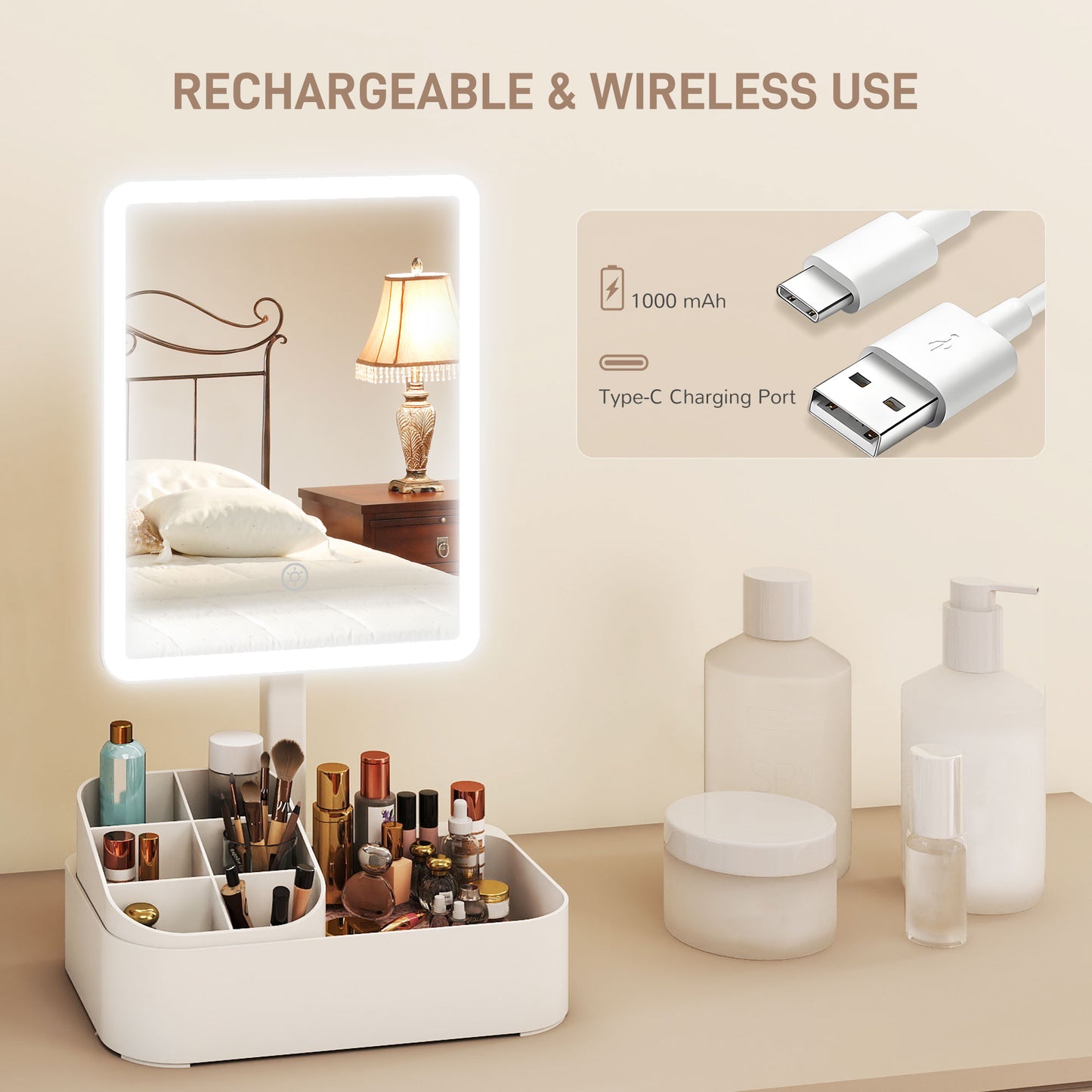 Makeup Mirror with Lights, Rechargeable Vanity Mirror w/ Touch Screen, 2 Lighting Modes and 180° Rotation, White