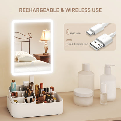 Makeup Mirror with Lights, Rechargeable Vanity Mirror w/ Touch Screen, 2 Lighting Modes and 180° Rotation, White