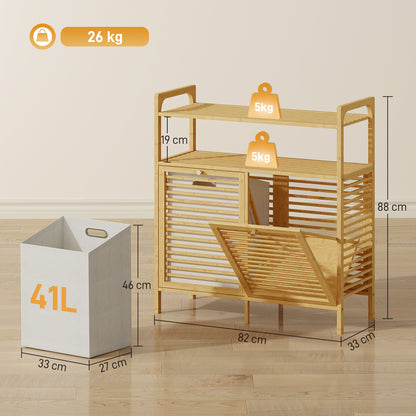 Double Tilt Out Bamboo Laundry Cabinet, Freestanding Bathroom Cabinet with 2 Removable Baskets, Natural