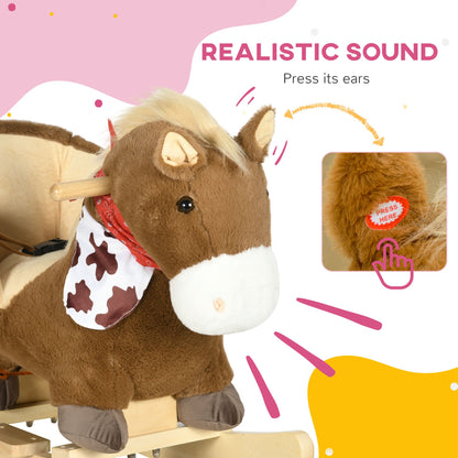 Kids Rocking Horse, with Secure Harness, Sounds, Foot Pedals - Brown