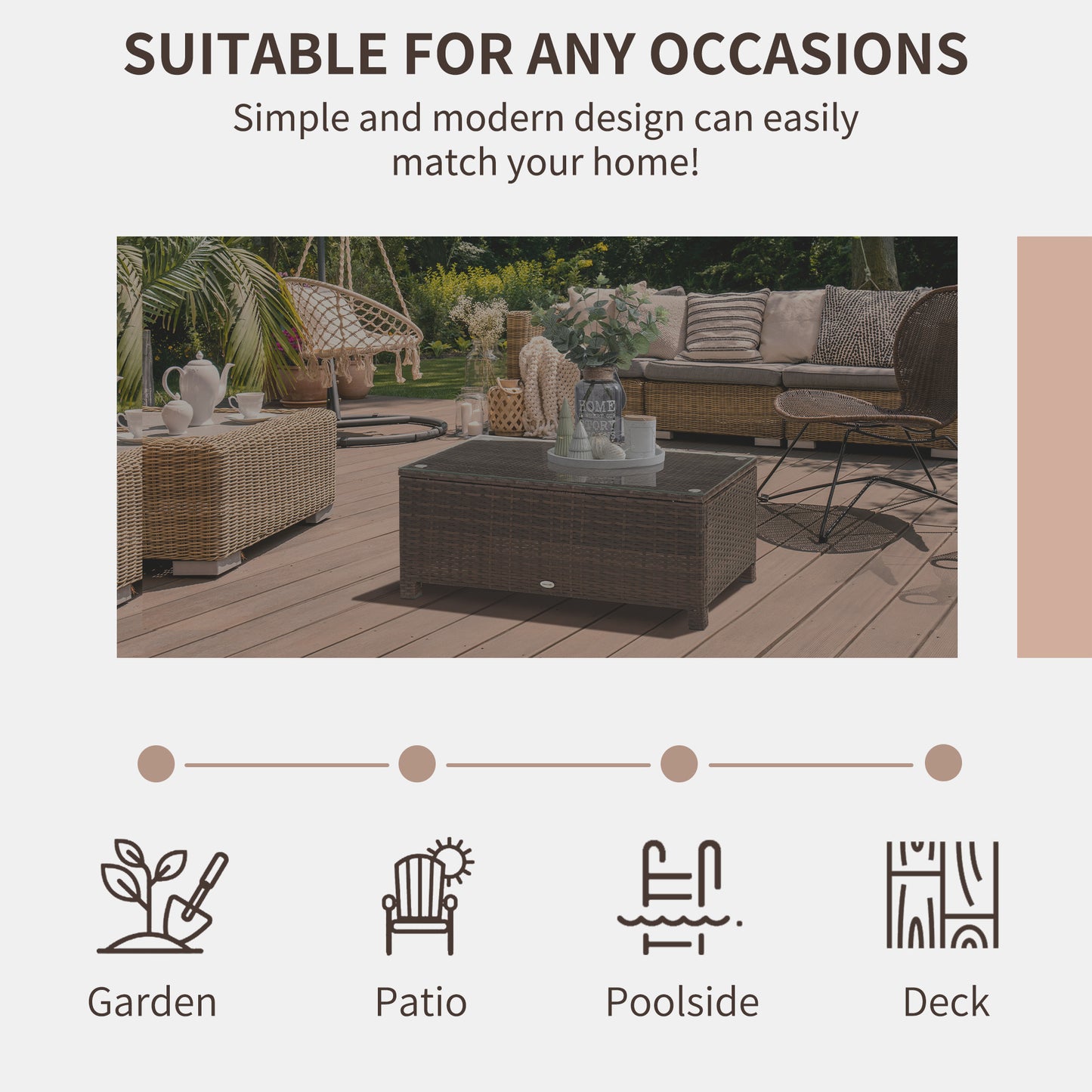 PE Rattan Garden Coffee Table with Glass Table Top - Brown