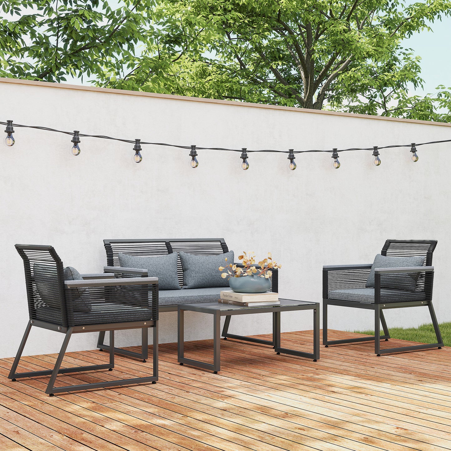 4 Pieces Rattan Garden Furniture Set - Charcoal Grey