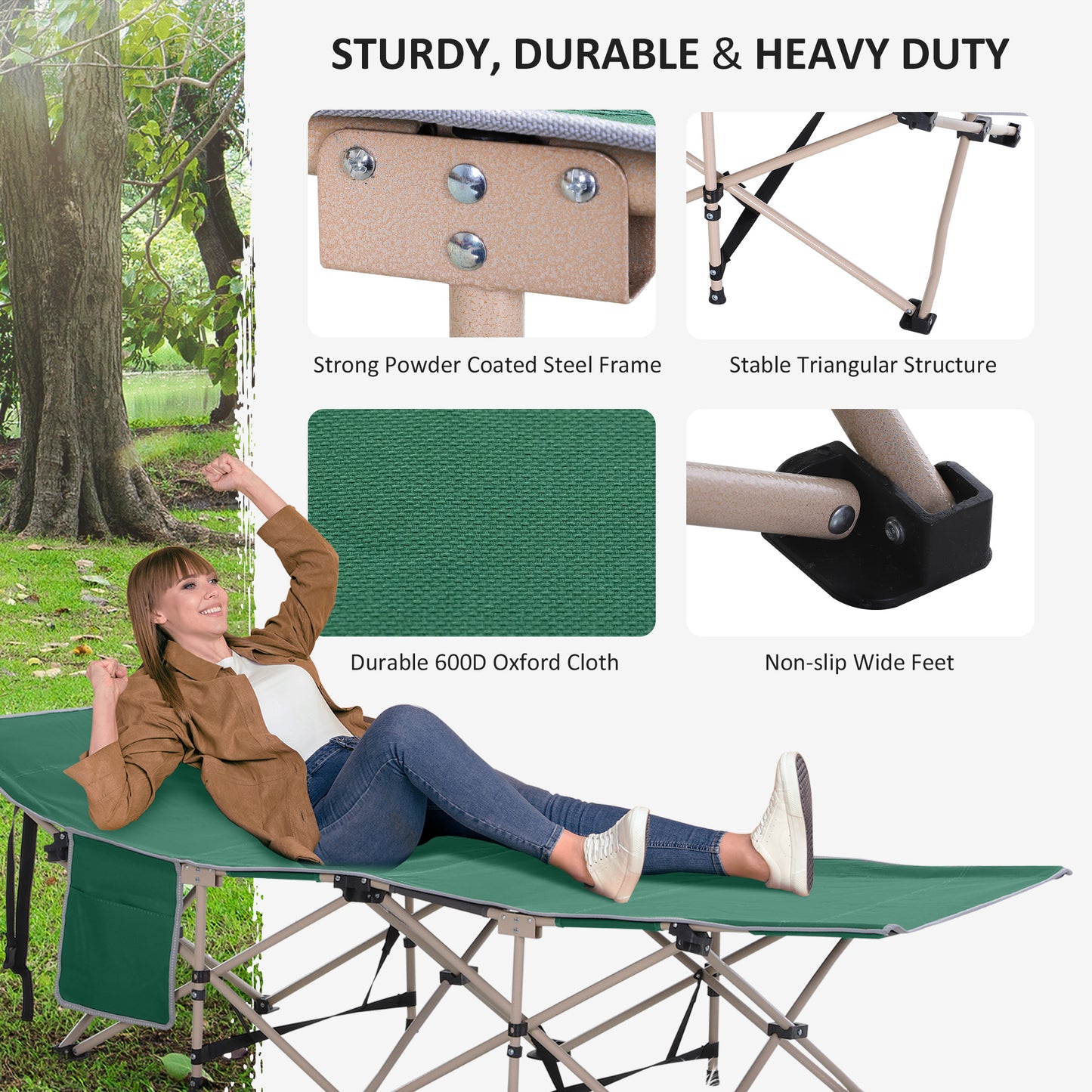 Single Person Camping Bed Folding Cot Outdoor Patio Portable Military Sleeping Bed Travel Guest Leisure Fishing with Side Poc