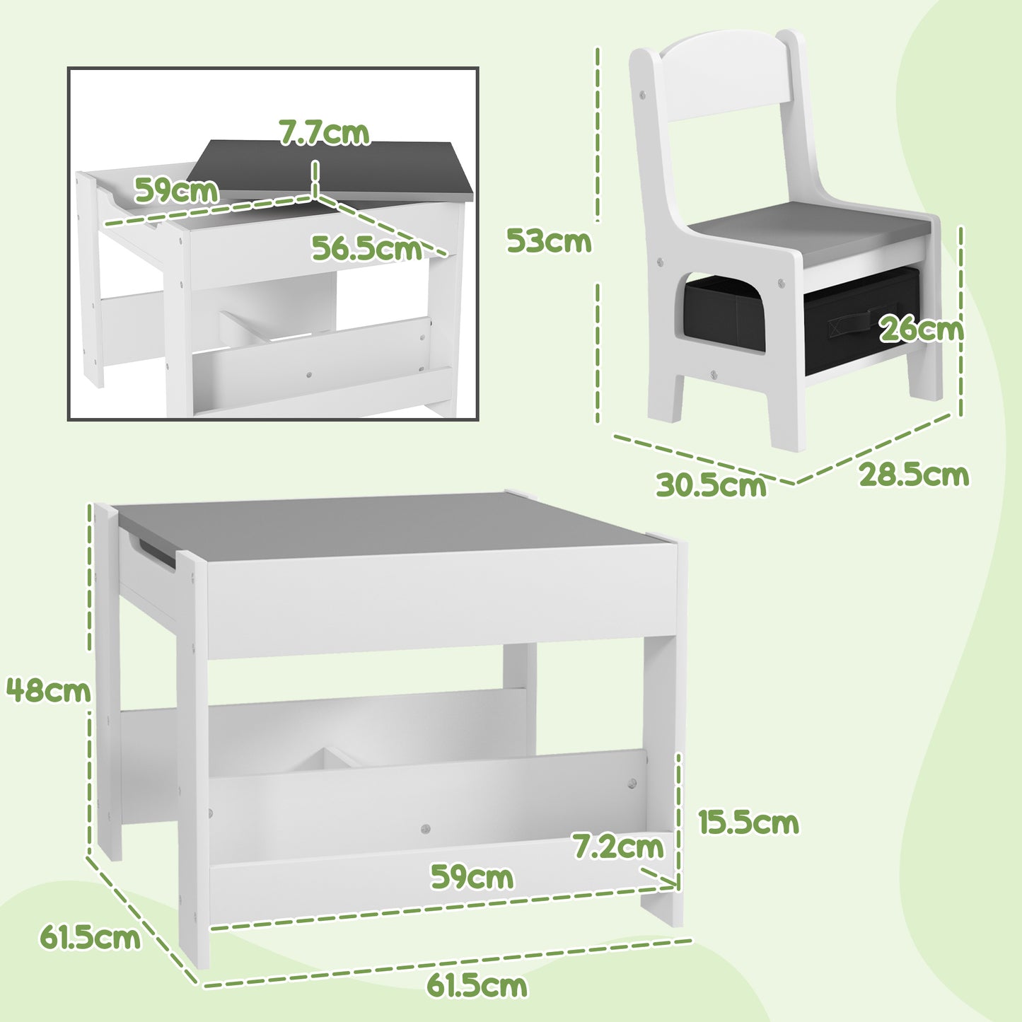Three-Piece Kids Table and Chair Set with Blackboard, Storage, Bookshelves - Grey