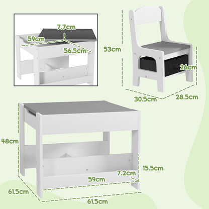 Three-Piece Kids Table and Chair Set with Blackboard, Storage, Bookshelves - Grey