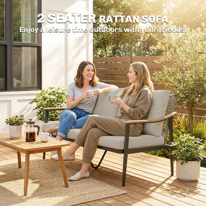 2 Seater Rattan Sofa, Outdoor Garden Sofa with Wood-Effect Armrests, Cushions for Patio, Balcony, Khaki