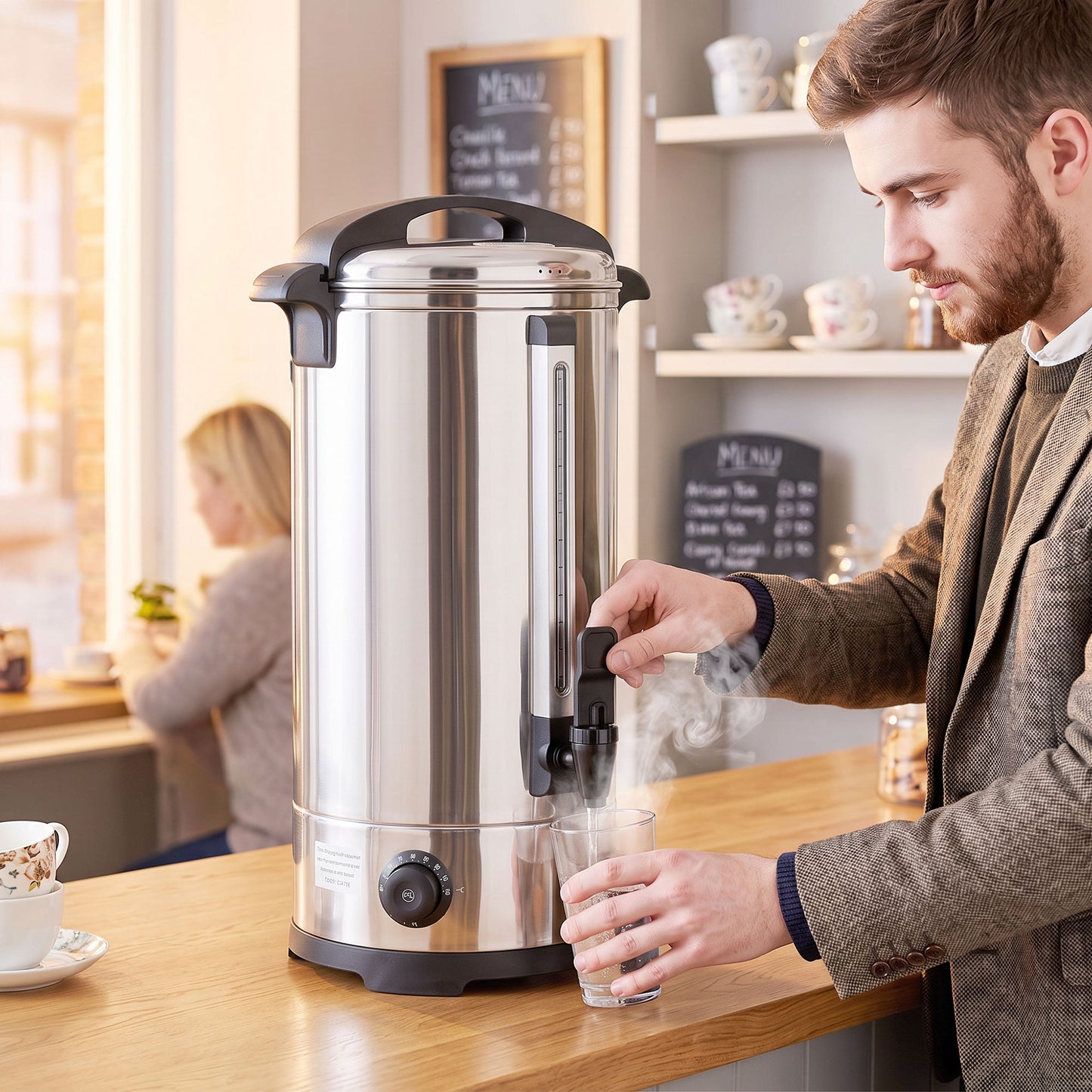 24L Catering Urn, 2500W Stainless Steel Hot Water Boiler Dispenser with Thermostat, Keep Warm Function and Easy Pour Tap