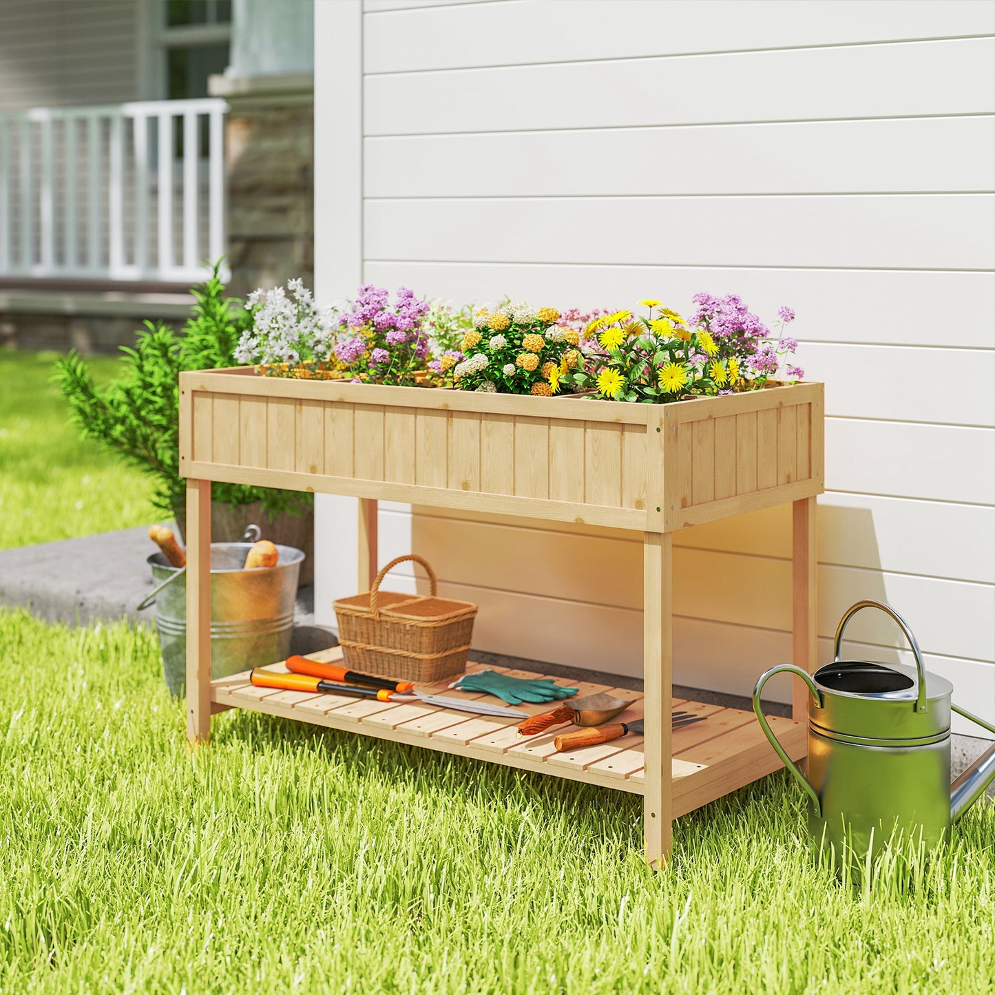 Garden Wooden Planters, Rectangular 8 Compartment Plant Stand, Oak Tone