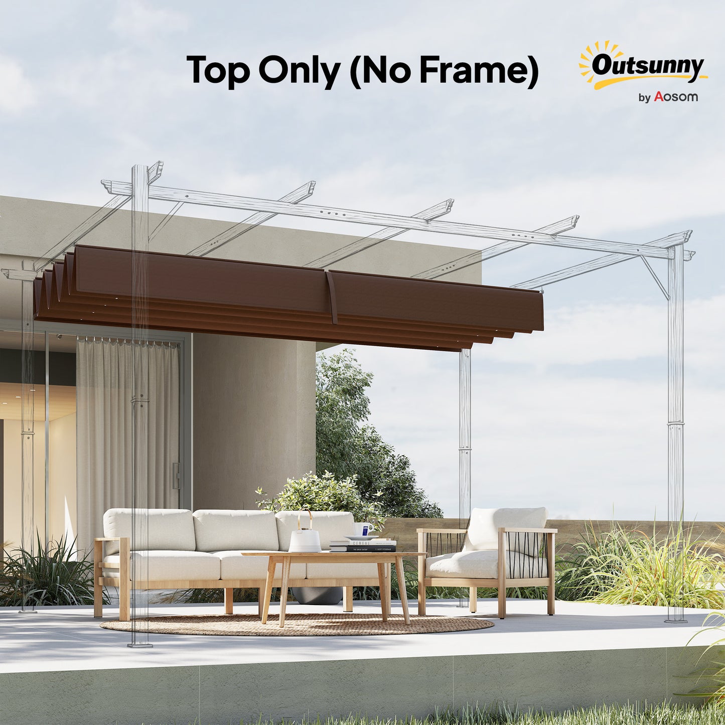 Pergola Cover Roof, 2.86 x 2.45 m Retractable Sun Shade Top for 3 x 2m Pergola Frame, UV30+ Protected, Coffee
