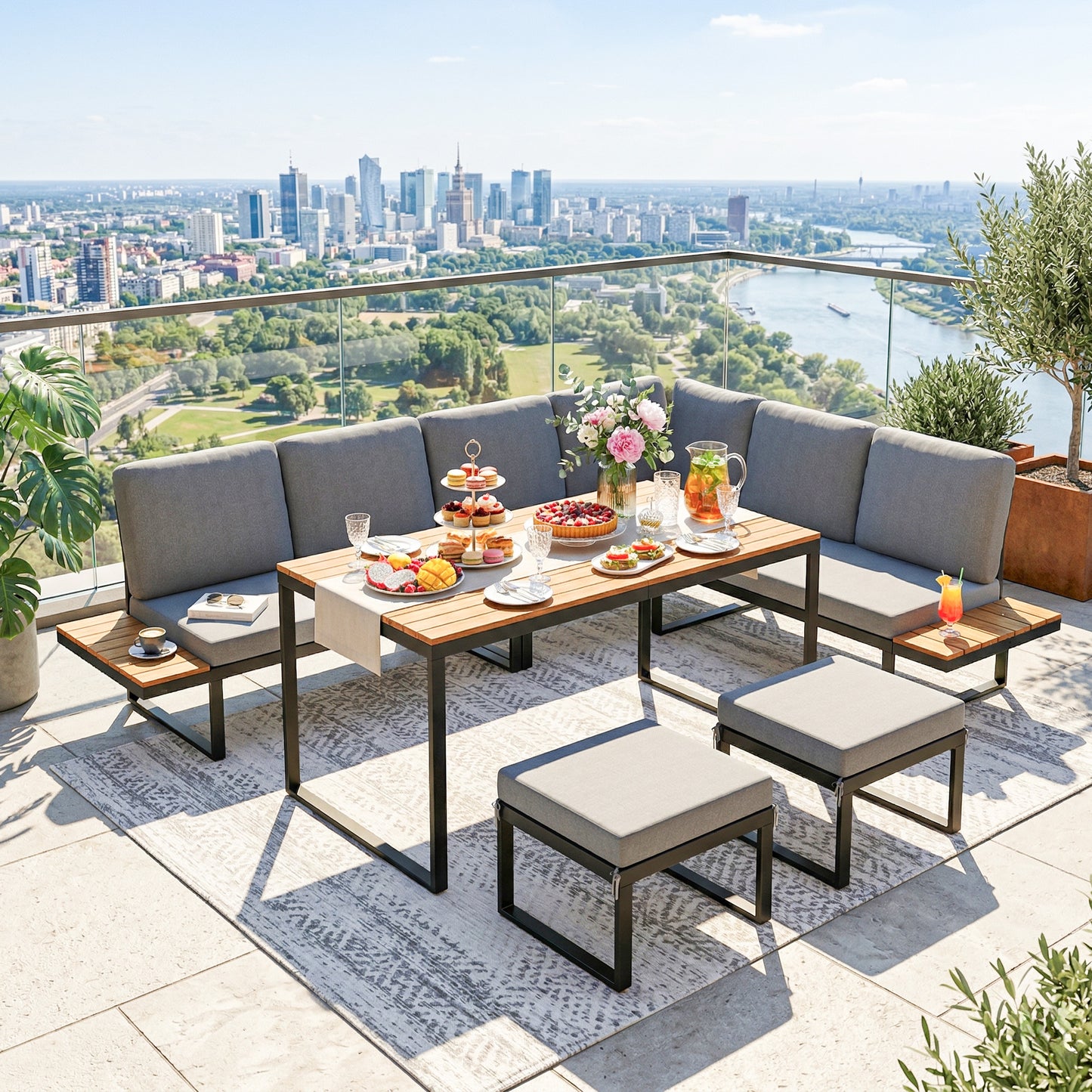 Patio Furniture Set Modular Garden Sofa Set 6 Pieces with Dining Table for Outdoor Patio Grey