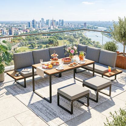 Patio Furniture Set Modular Garden Sofa Set 6 Pieces with Dining Table for Outdoor Patio Grey
