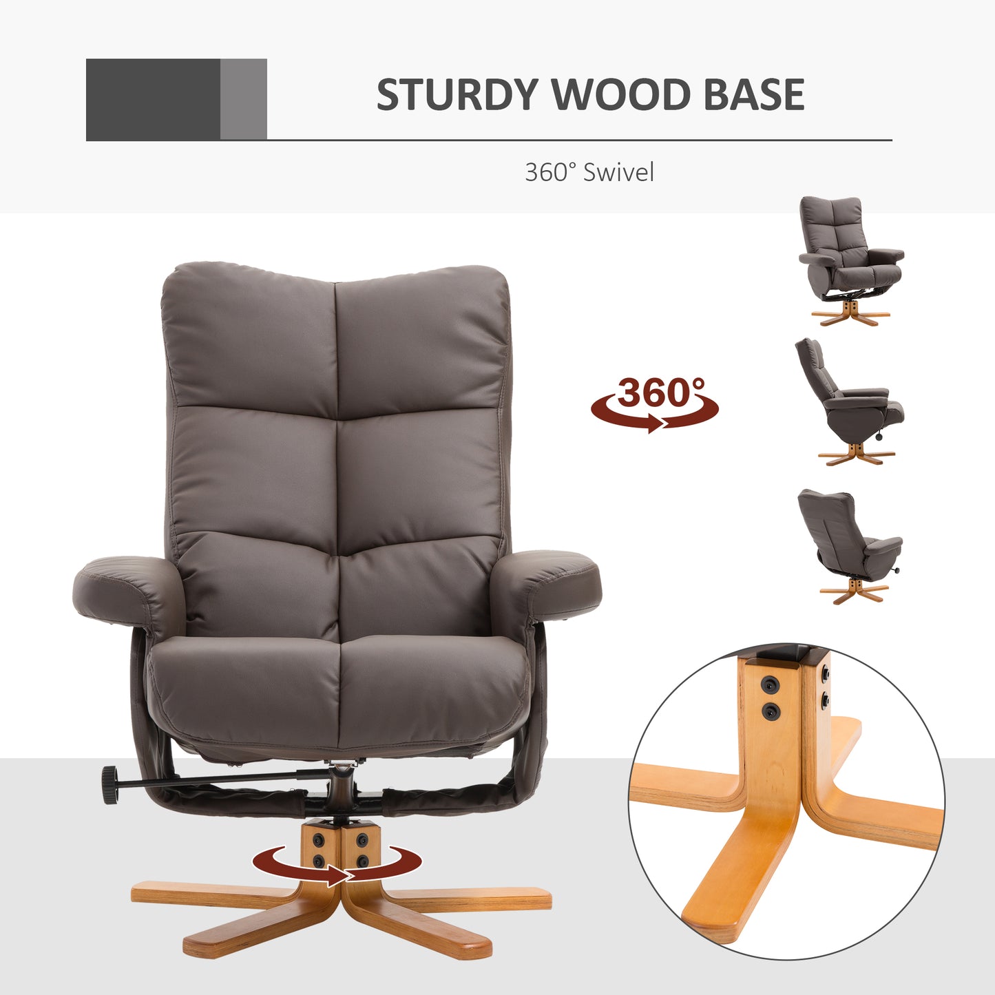 PU Leather Swivel Recliner Chair with Footstool, Wooden Base and Storage for Living Room, Brown