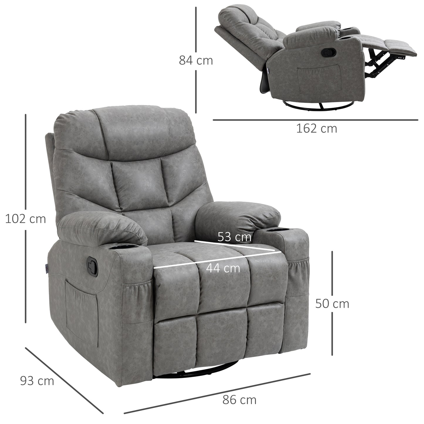 Thick Padded Faux Leather Recliner Armchair - Light Grey